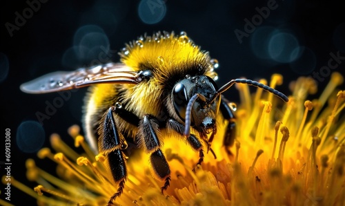  a close up of a bee on a flower with water droplets.  generative ai © Anna