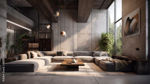 Modern loft living room interior design 3d rendering image.There are sofas, coffee table, sofa, coffee table and other things.generative ai © S...