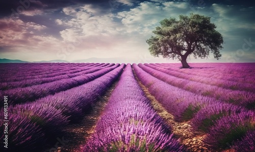  a lone tree in a lavender field under a cloudy sky. generative ai