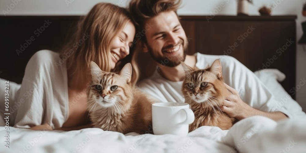 Happy smiling couple and their shaggy cats sitting on the bed, enjoying relaxed morning at home 