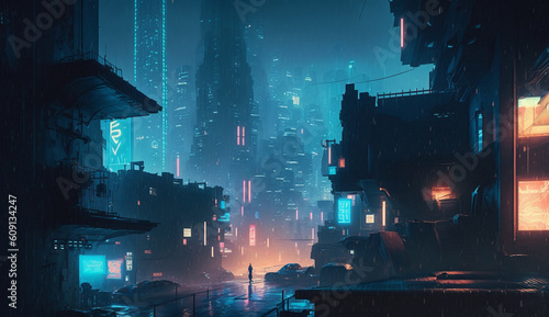 A cyberpunk cityscape with a blue technology lights background- Generative AI