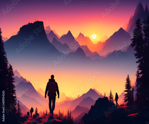 A hiker going to the mountain hits the sunset with Generative AI technology © Chunyaphat