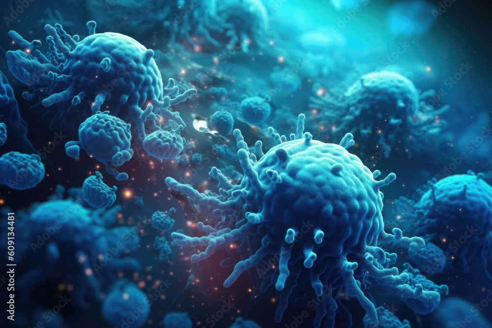 A background with a macro shot of various microbes, virus cells and bacteria. Generative AI A background with a macro shot of various microbes, virus cells and bacteria. Generative AI