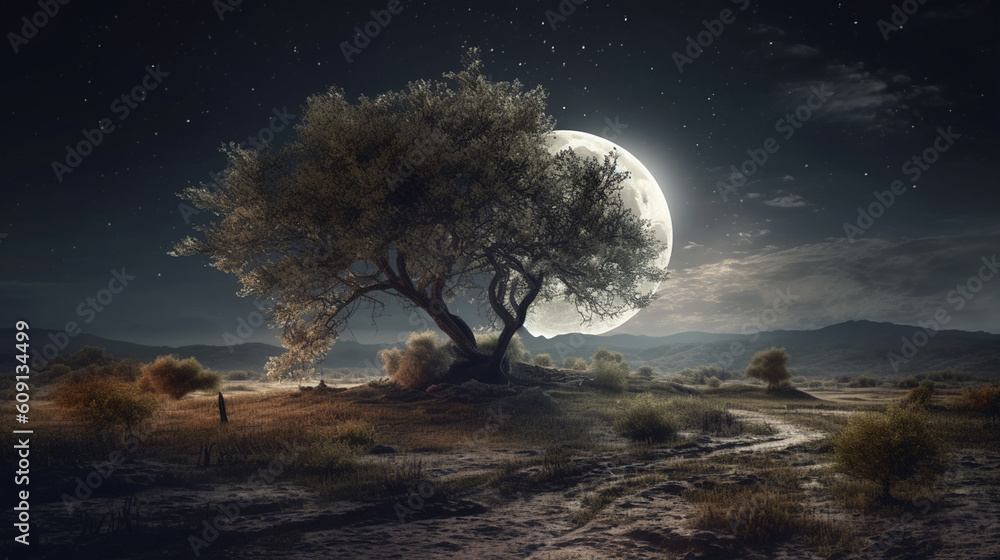 Fantasy landscape with big tree and full moon. generative ai Fantasy landscape with big tree and full moon. generative ai