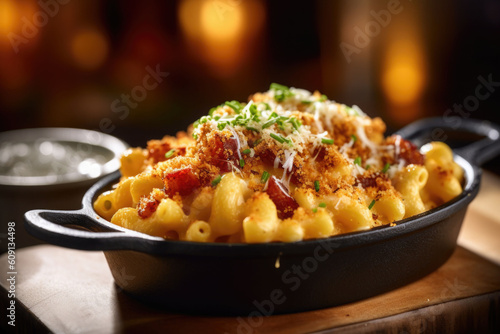 Appetizing mac and cheese in bowl with bacon on top baked in oven. Generative AI photo