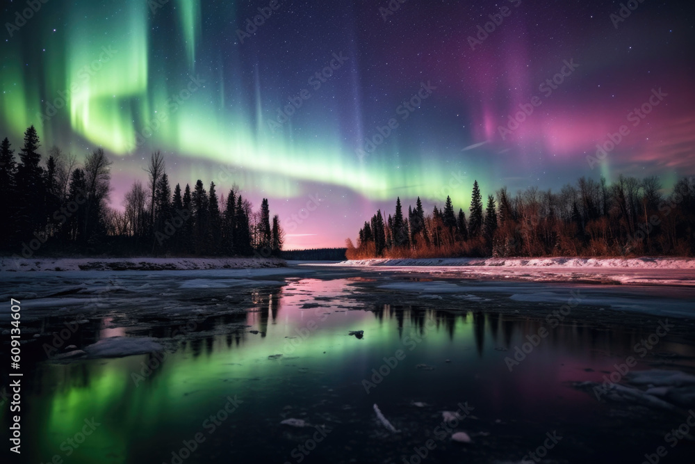 Stunning aurora borealis display in the night sky. Colorful northern light. Generative AI