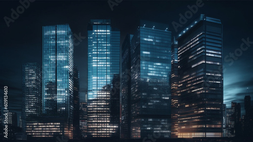 Night view of skyscrapers in business district.generative ai