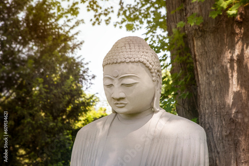 Close-up of buddha face under the tree in green garden, meditating statue outdoors. Spirituality concept.