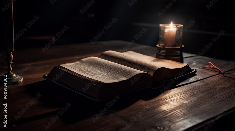 Old holy bible and candle on wooden table.generative ai