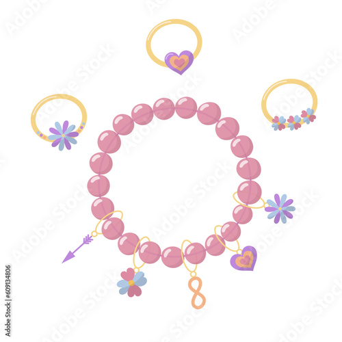Collection of vector jewelry and children's ornaments. Bracelet made of handmade plastic beads with flower pendants, a heart and an arrow, a sign of infinity. Summer fashion colorful rings.