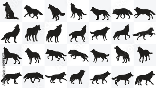 Wolf Silhouettes Collection, Highly Detailed Lion Silhouettes Stock Illustration, set vector