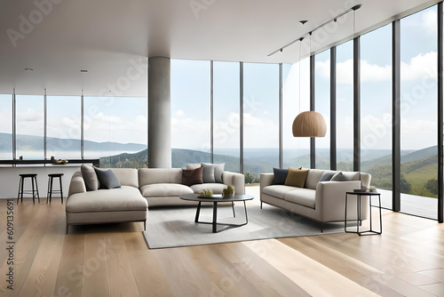 A modern living room with clean lines  minimalist furniture  and large windows that offer a panoramic view of a serene natural landscape