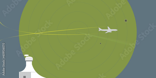 Air traffic control tower radar facility cartoon composition with passenger aircrafts landing or takeoff, vector illustration