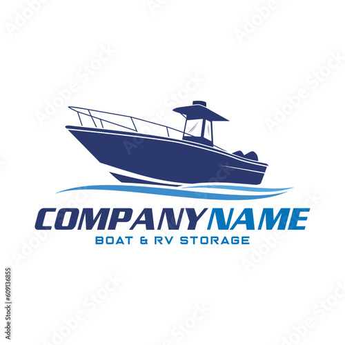 Center Console Boat logo. Unique and fresh Center console boat with Water splash in it. Great to use as your boat company logo