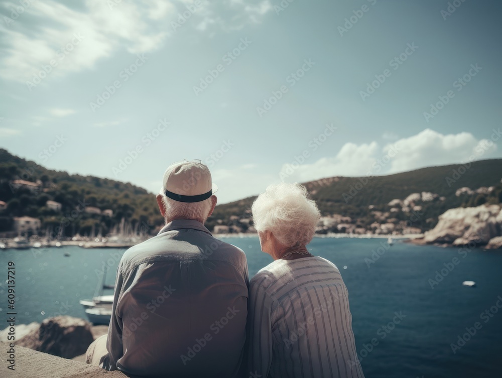 Life after retirement. Senior couple on holidays looking at the sea from viewing terrace. AI generative