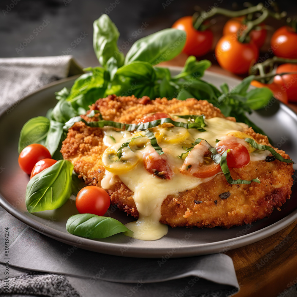 Mediterranes Schnitzel. Ein paniertes Schnitzel, das mit Tomaten, Mozzarella und frischem Basilikum belegt wird. Überbacken wird es im Ofen, bis der Käse geschmolzen ist. Mediterranes Schnitzel. Ein paniertes Schnitzel, das mit Tomaten, Mozzarella und frischem Basilikum belegt wird. Überbacken wird es im Ofen, bis der Käse geschmolzen ist.