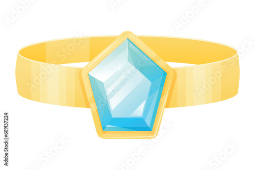 Gold engagement ring with a sparkling diamond gemstone. Vector isolated female cartoon jewelry.