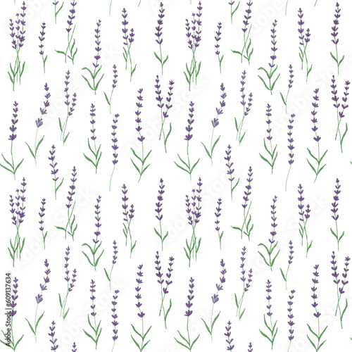 Hand drawn seamless pattern with shining glowing line art provance vertical purple lavender flowers.Floral spring summer botanical backdrop on white background.