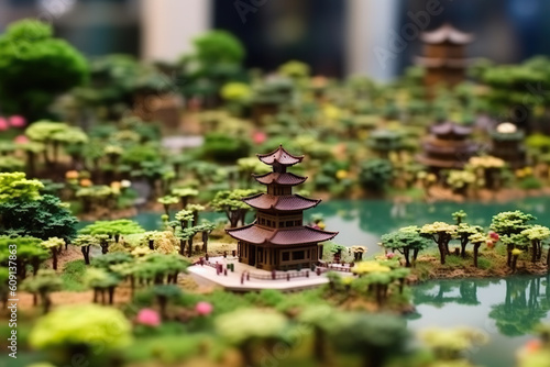 A miniature model of a pagoda surrounded by trees. Generative AI. © Friedbert