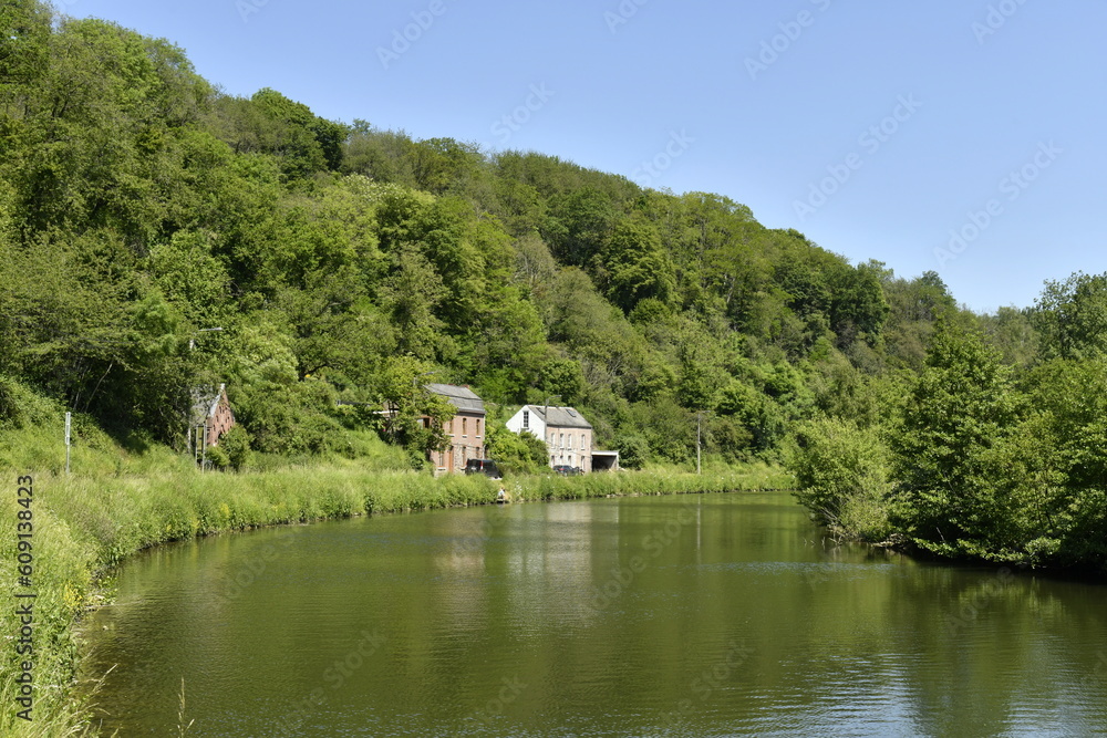 Reflet de la colline boisée et maisons dans les eaux de la Sambre à Lobbes Reflet de la colline boisée et maisons dans les eaux de la Sambre à Lobbes