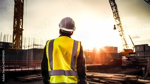 Civil engineer or architect with hardhat overlooking construction site works. Foreman supervising excavation on abuilding site. Ai generated illustration for a construction industry project management