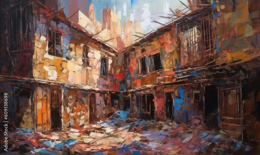 Fototapeta premium a painting of a city street with buildings and a lot of debris. generative ai