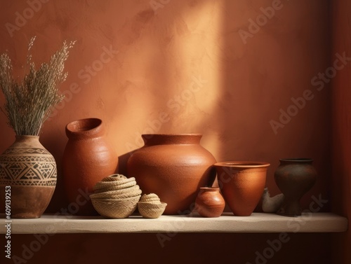 Mediterranean interior template. Wall mockup and terracotta pottery on beige background. AI generative