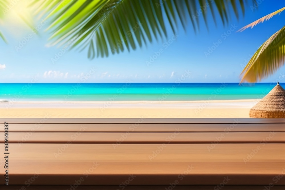 Summer wooden table display on beach with trees Summer wooden table display on beach with trees