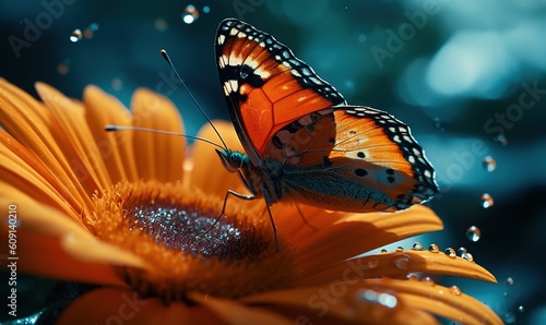  a close up of a butterfly on a flower with water droplets.  generative ai © Anna