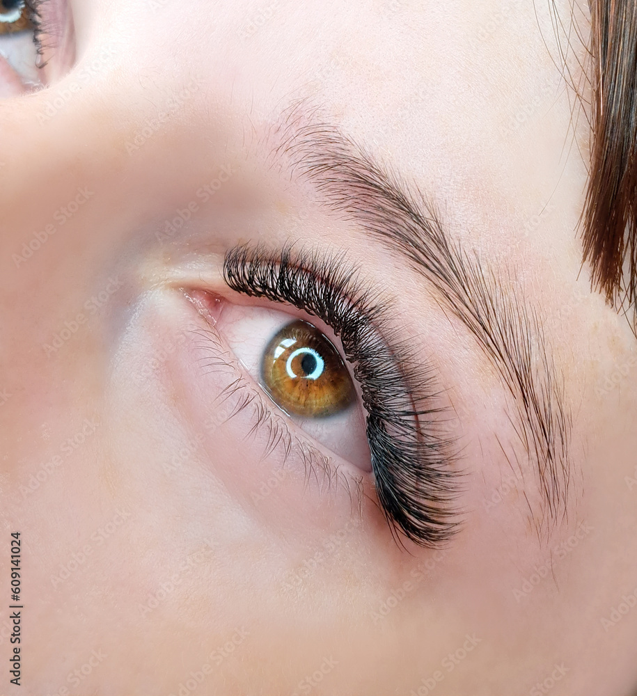 Obraz premium close up of eyelash extensions in beauty salon macro eye.