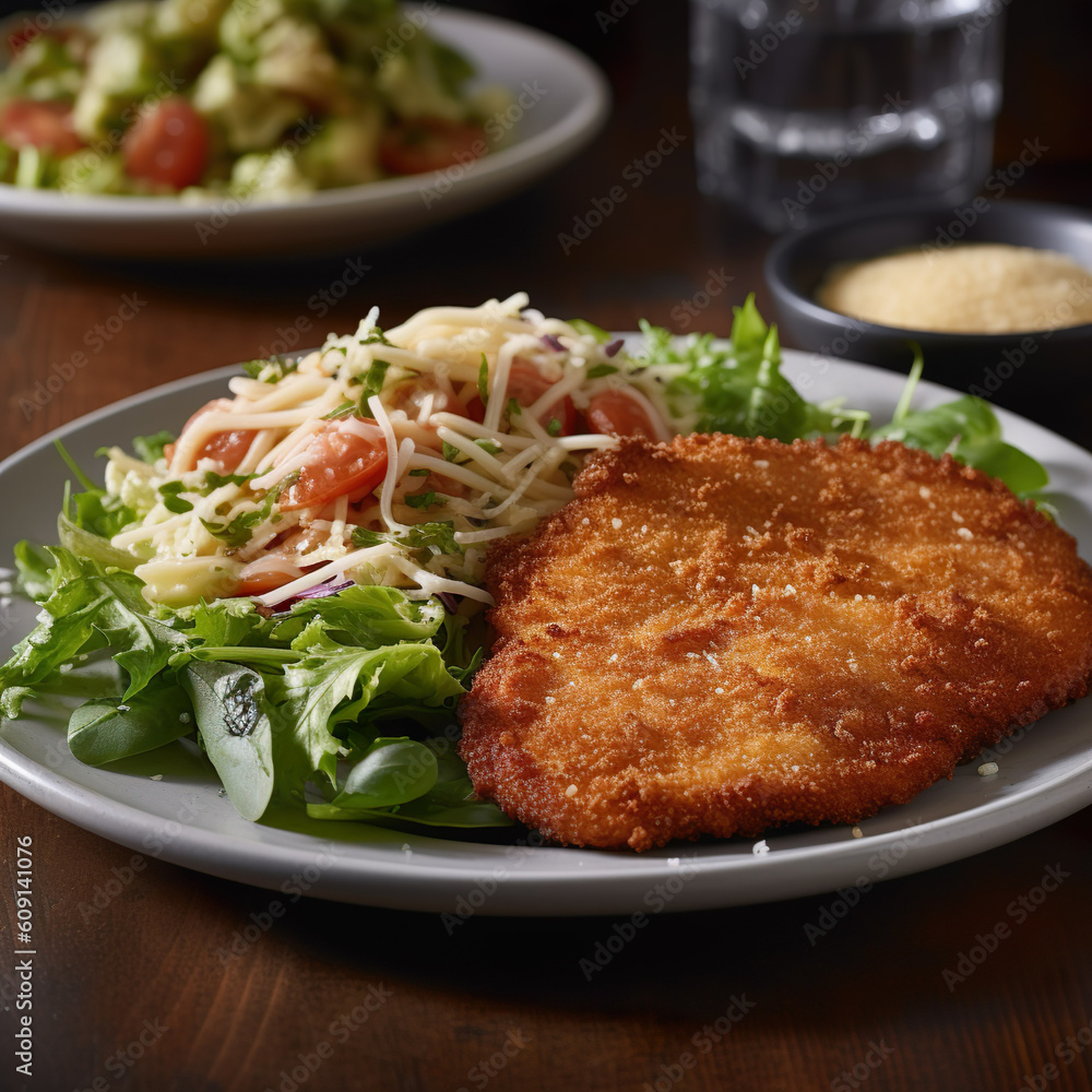 Parmesan-Schnitzel. Ein paniertes Schnitzel, das mit einer knusprigen Panade aus Parmesankäse und Semmelbröseln zubereitet wird. Serviert wird es mit einer Tomatensauce und Spaghetti. Parmesan-Schnitzel. Ein paniertes Schnitzel, das mit einer knusprigen Panade aus Parmesankäse und Semmelbröseln zubereitet wird. Serviert wird es mit einer Tomatensauce und Spaghetti.