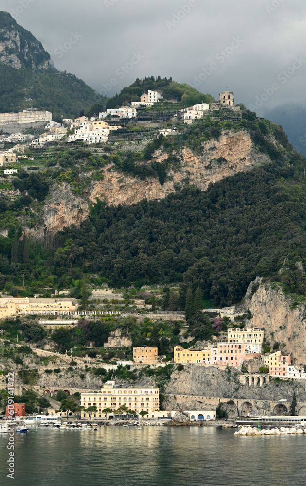 The beautiful Amalfi Coast on a grey cloudy day.