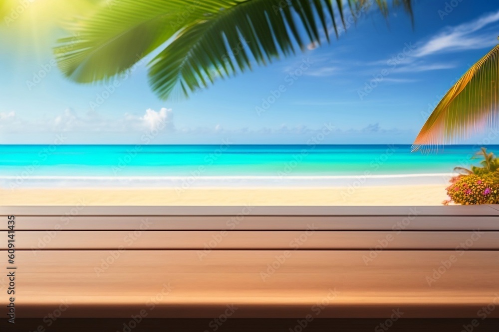 Summer wooden table display on beach with trees Summer wooden table display on beach with trees