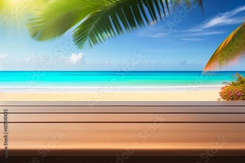Summer wooden table display on beach with trees