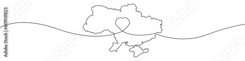 Map of Ukraine icon line continuous drawing vector. One line Map of Ukraine icon vector background. Map of Ukraine with heart icon. Continuous outline of a Map of Ukraine icon.