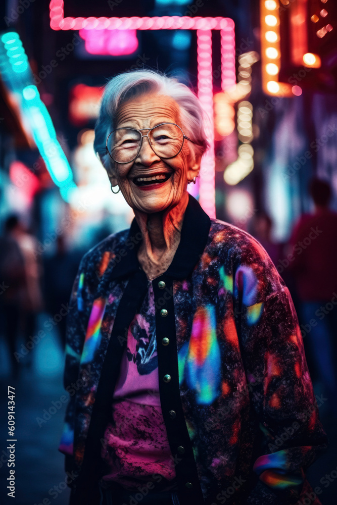 Happy elderly woman wearing neon clothes. Generative AI Happy elderly woman wearing neon clothes. Generative AI