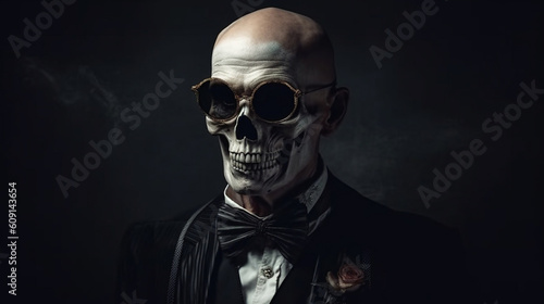 A portrait of a creepy white skull in a tuxedo on a dark background..generative ai