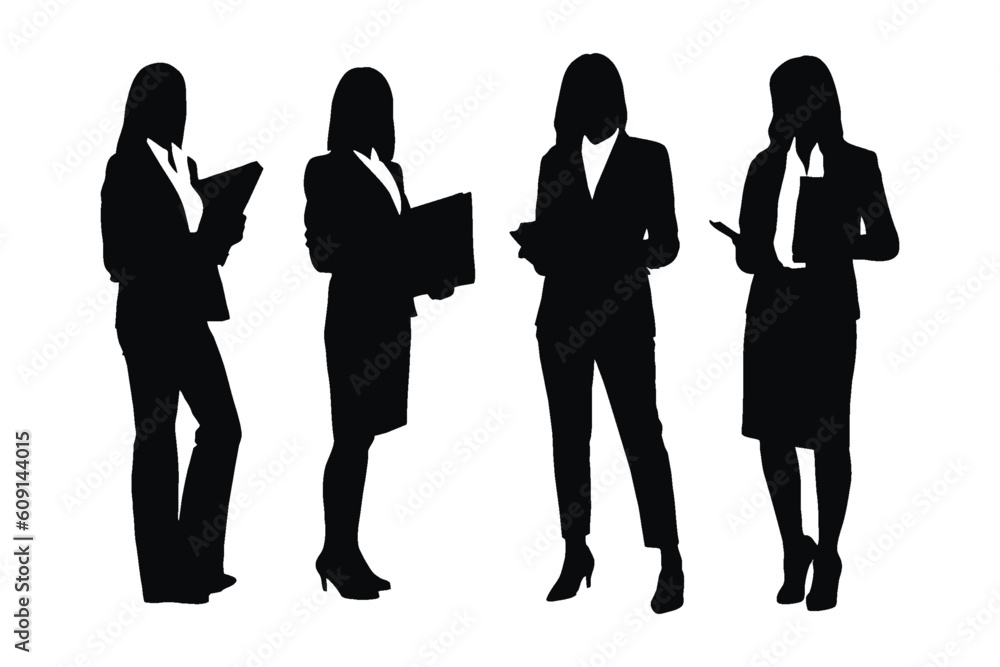 Lawyer women with anonymous faces. Girl lawyer model wearing suits silhouette bundle. Female counselor standing silhouette collection. Female counselor silhouette set vector on a white background.