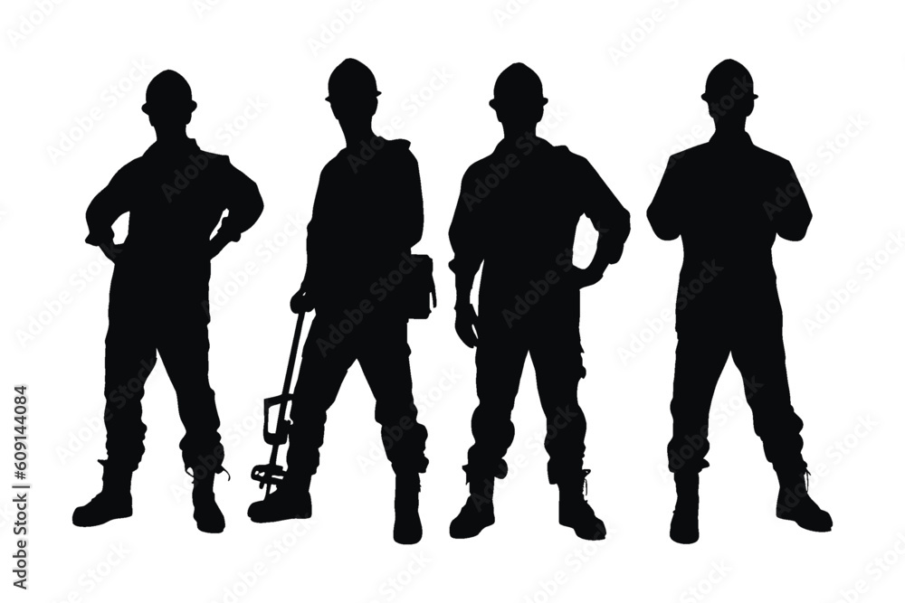 Construction workers wearing uniforms and standing with equipment. Men bricklayers with anonymous faces. Male mason silhouette on a white background. Male bricklayer silhouette collection.