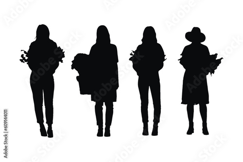 Florist women with anonymous faces. Female florist with flower vase on hand silhouette bundle. Girl gardener silhouette collection. Female flower seller silhouette set vector on a white background.