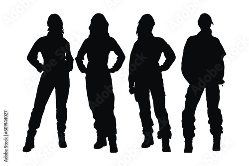 Female worker silhouette set vector on a white background. Mechanic women with anonymous faces. Girl mechanic model wearing uniforms silhouette bundle. Female mechanic standing silhouette collection.