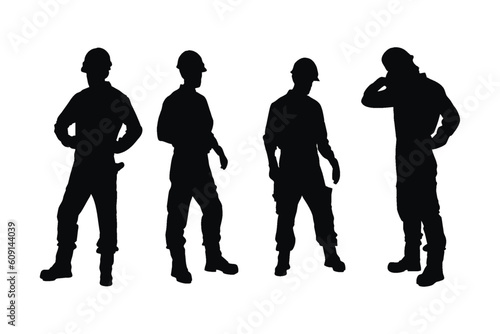 Men bricklayers with anonymous faces. Male mason silhouette on a white background. Construction workers wearing uniforms and standing silhouette bundles. Male bricklayer silhouette collection.
