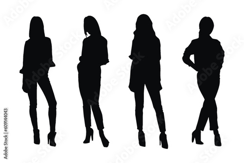 Female model standing silhouette collection. Women fashion models with anonymous faces. Female actor silhouette set vector on a white background. Girl model wearing fashion dresses silhouette bundle.
