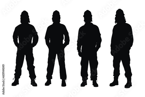 Male mason silhouette on a white background. Male bricklayer silhouette collection. Construction workers wearing uniforms and standing silhouette bundles. Men bricklayers with anonymous faces.