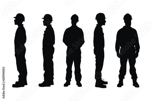 Male bricklayer silhouette collection. Construction workers wearing uniforms and standing silhouette bundles. Men bricklayers with anonymous faces. Male mason silhouette on a white background.