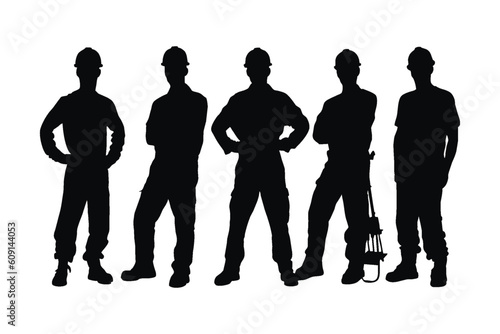 Male bricklayer silhouette collection. Construction workers wearing uniforms and standing with equipment. Men bricklayers with anonymous faces. Male Mason silhouette on a white background.