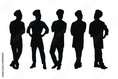 Male chef silhouette on a white background. Restaurant workers wearing uniforms and standing silhouette bundles. Men cookery with anonymous faces. Male chef and restaurant cook silhouette collection.