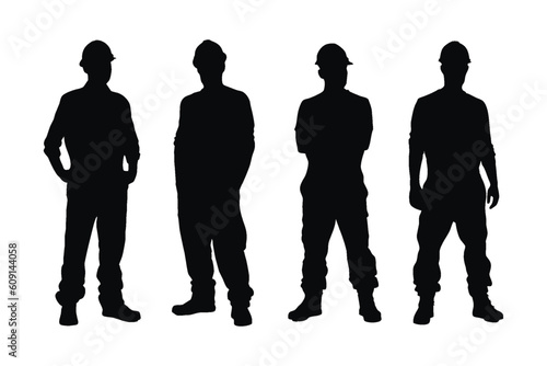 Male Mason silhouette on a white background. Construction workers wearing uniforms and standing with equipment. Men bricklayers with anonymous faces. Male bricklayer silhouette collection.
