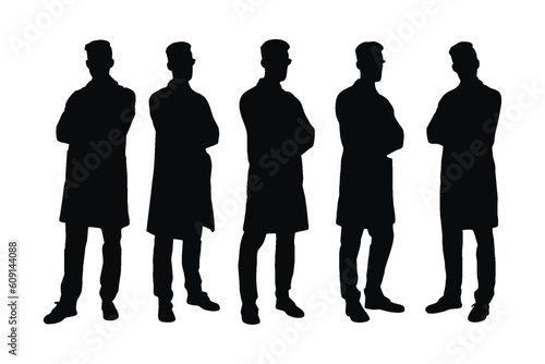 Scientist Boys silhouette collection. Male doctor and surgeon with anonymous faces. Man physician wearing aprons and standing silhouette bundles. Male doctor silhouette on a white background.