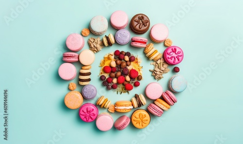  a circular arrangement of colorful macaroons and cookies on a blue background.  generative ai © Anna
